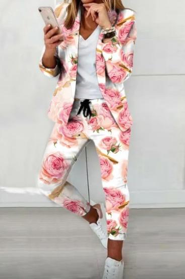 Conjunto Blazer e Calça Elegante com Estampado Floral Estrena, Branco/Estampado