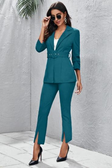 Conjunto elegante de blazer e calça com cinto, azul petróleo