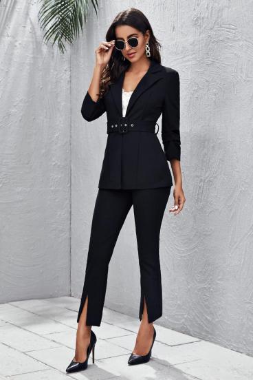 Conjunto elegante de blazer e calça com cinto, preto
