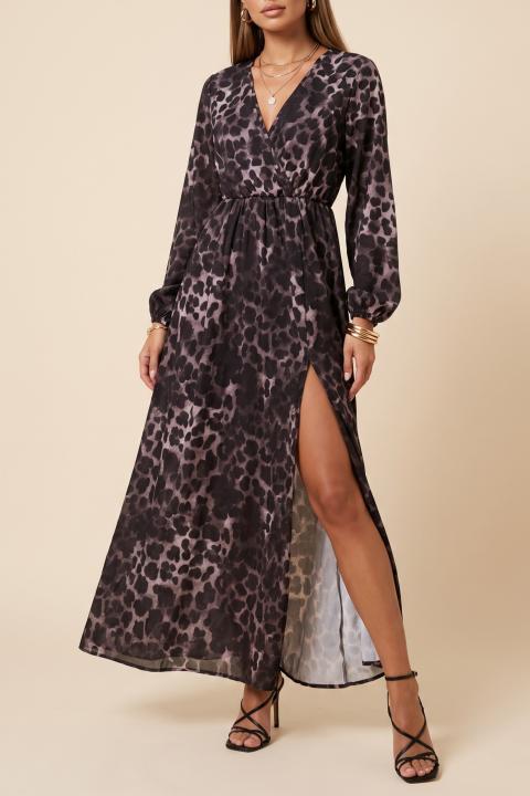 Vestido longo com estampa de oncinha, cinza