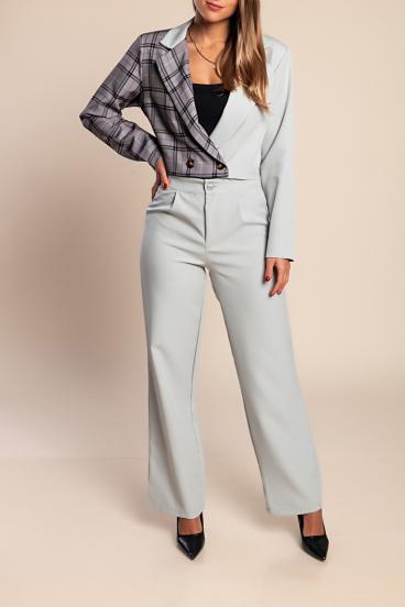 Conjunto elegante de blazer e calça xadrez, cinza