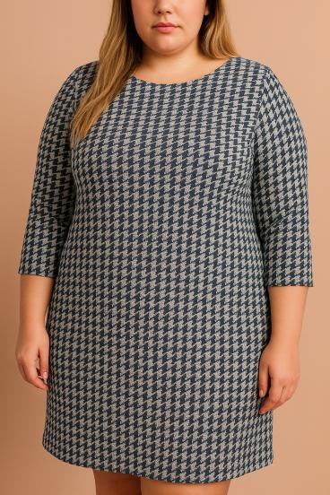 Vestido midi plus size com estampa de pepita, azul escuro