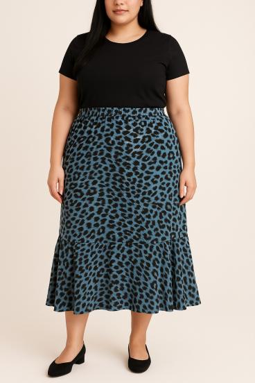 Saia plus size com estampa de oncinha, azul