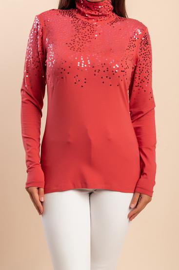 Top com gola alta e lantejoulas, rosa