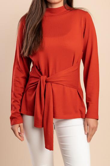 Suéter de malha plus size com nó decorativo, tijolo