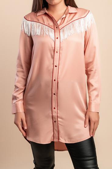 Blusa longa com franjas, rosa claro