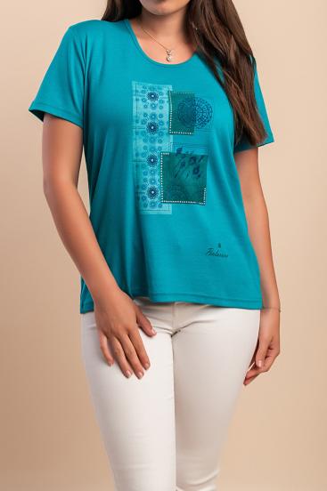 Camiseta de algodão com estampa, turquesa