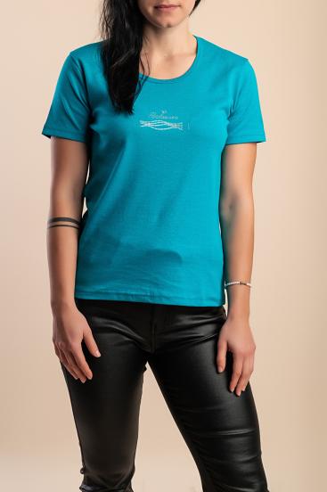 Camiseta de algodão com detalhe decorativo, turquesa