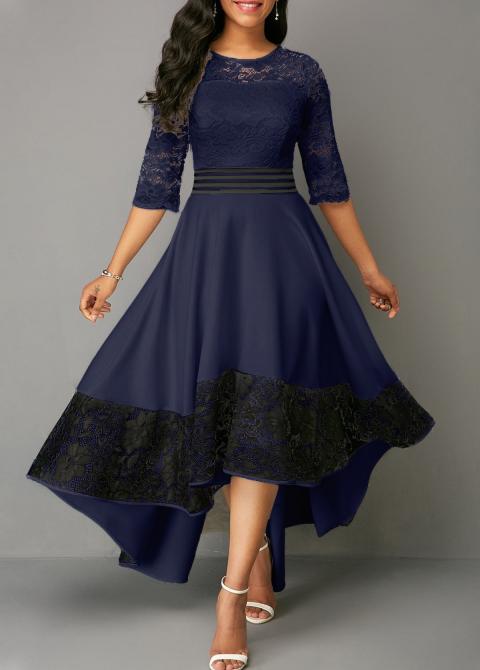 Vestido elegante com renda Bianca, azul escuro