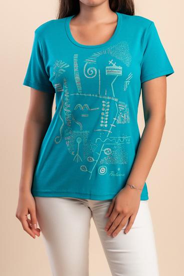 Camiseta de algodão com estampa, turquesa