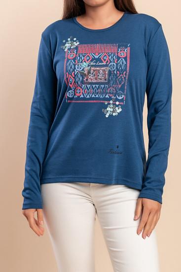 Blusa de algodão de manga comprida, azul escuro