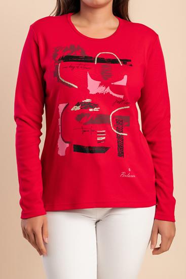 Top de manga comprida de algodão, vermelho