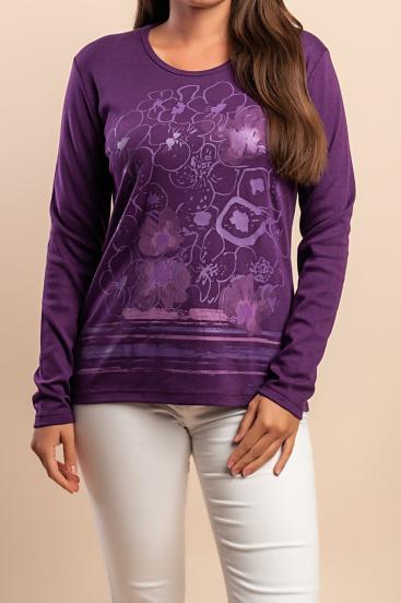 Top de manga comprida de algodão, roxo