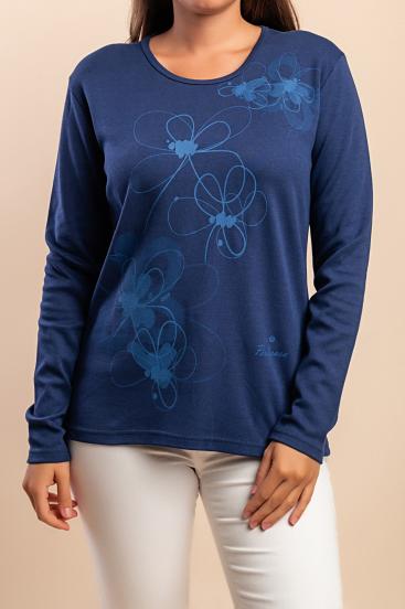Blusa de algodão de manga comprida, azul escuro