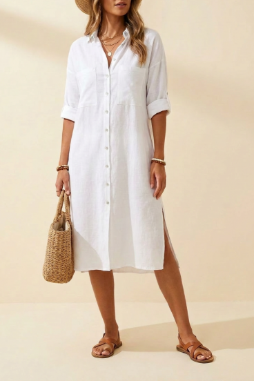 Vestido Camisa Maxi Solto de Linho, Branco