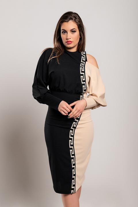 Elegante vestido midi com estampa geométrica, preto e bege