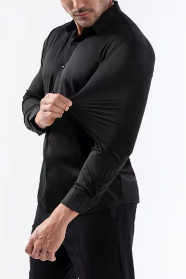 Camisa Masculina Sem Costura Altamente Esticável Feita de Tecido Antirrugas, Preta