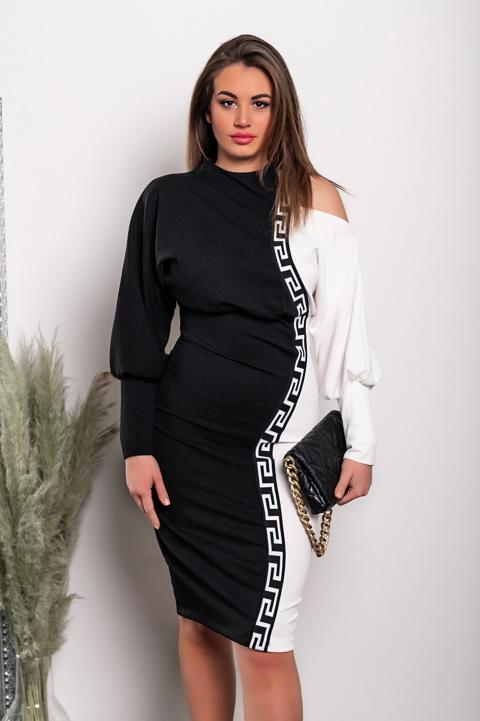 Elegante vestido midi com estampa geométrica, preto e branco