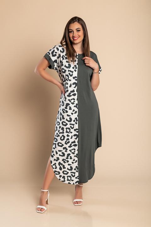 Vestido maxi elegante com estampado de leopardo, cinza