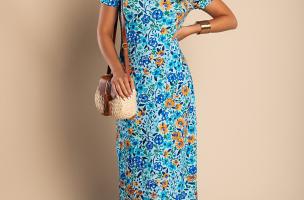 Vestido maxi com estampado floral, azul claro