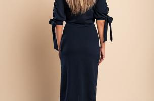Vestido midi elegante com decote redondo, mangas 3/4 com abertura e detalhe pérola Peppina, azul escuro