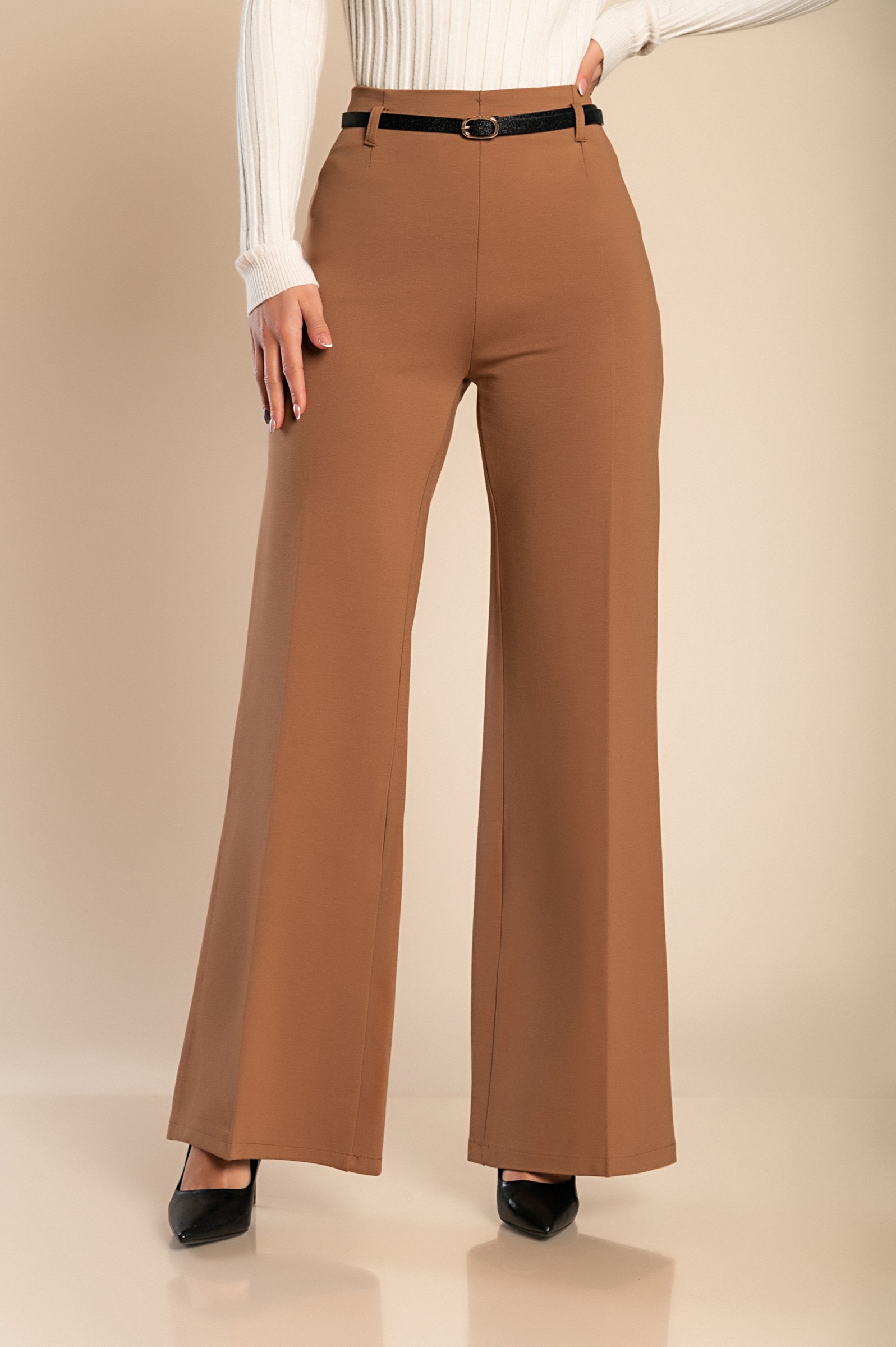 Calças compridas elegantes de cintura alta Amposta, cor camel --49%