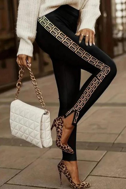 Leggings femininas Spanx de couro sintético com estampa de leopardo  pequenas 